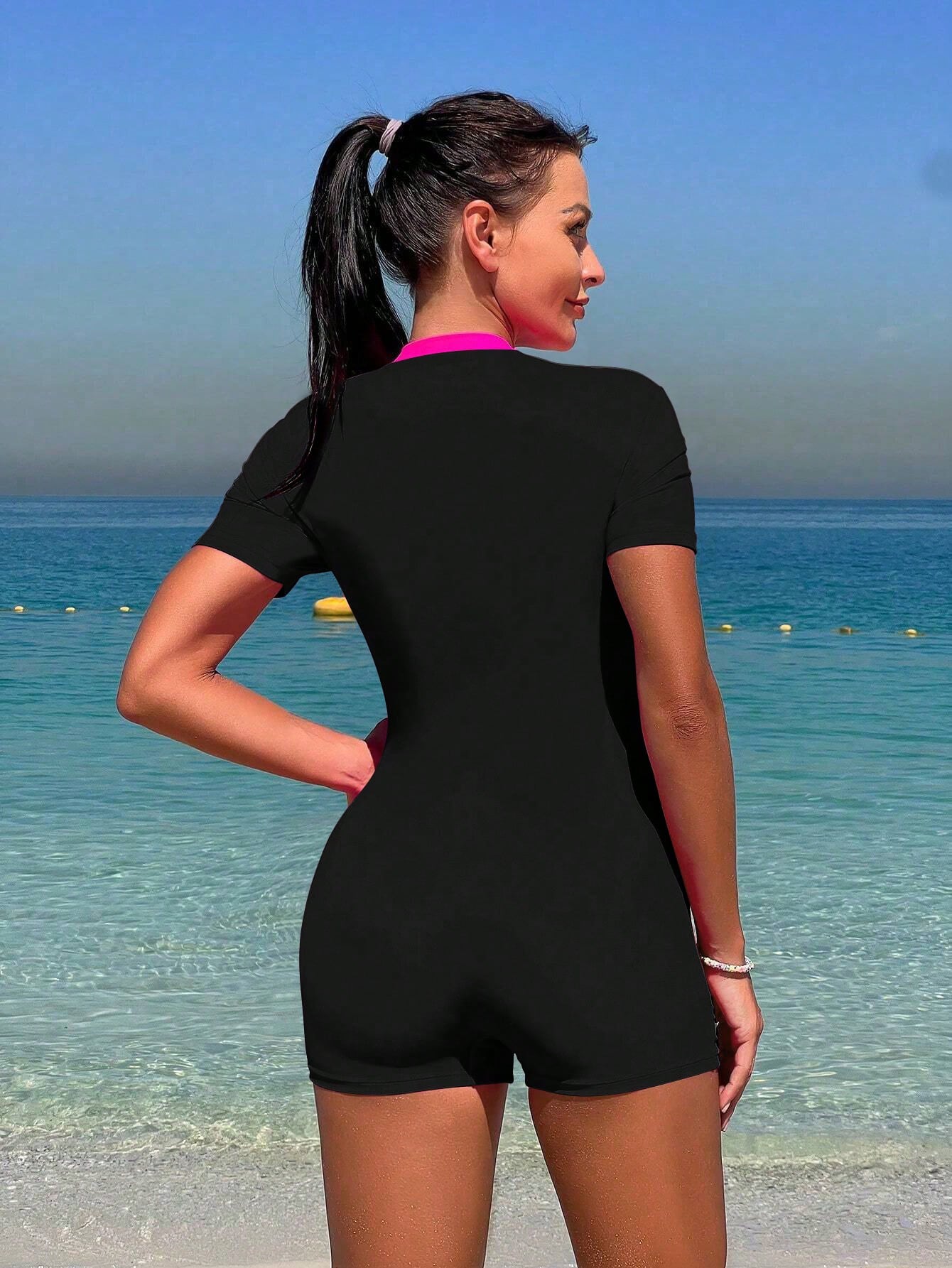 Bikinx Summer Beach Zipper Short Sleeve Surfing Contrast Neon Panel One-Piece Bathing Bella Mia
