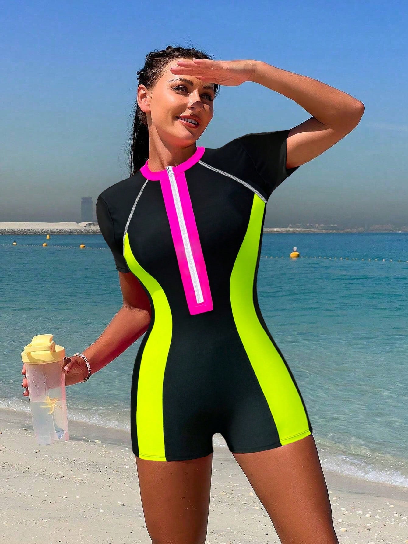 Bikinx Summer Beach Zipper Short Sleeve Surfing Contrast Neon Panel One-Piece Bathing Bella Mia