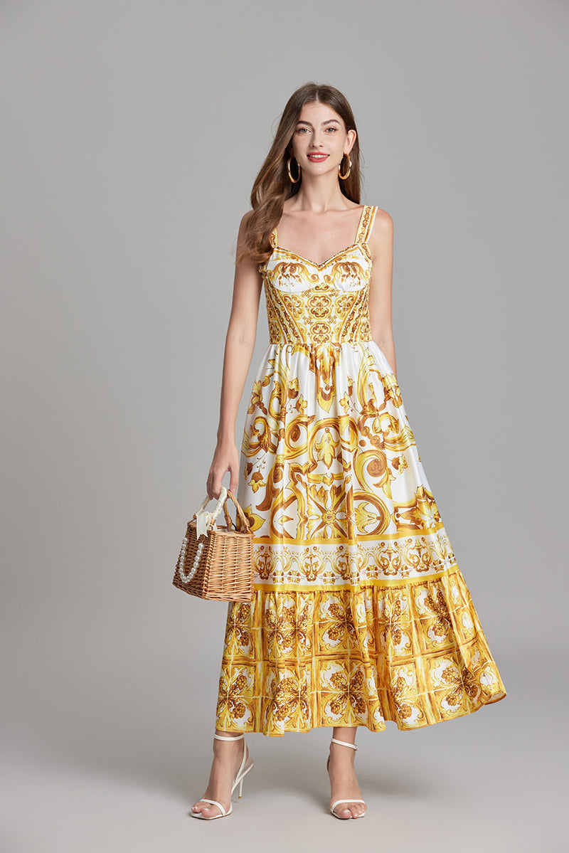 Women Print Position Halter Slim Waistline A Line Dress