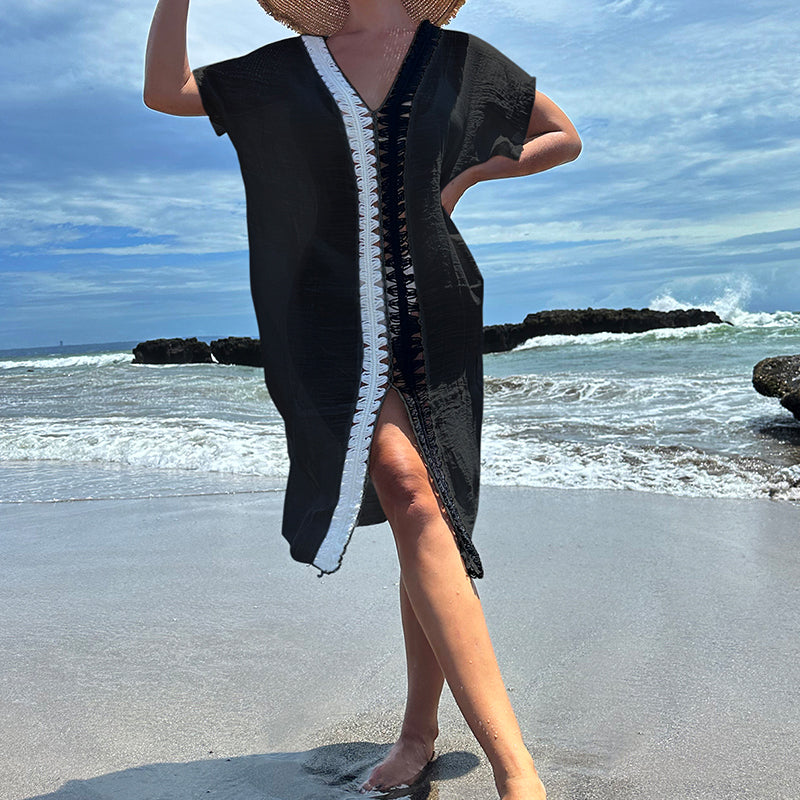 Holiday Hand Crocheting Stitching Contrast Color Beach Cover up See through Sun Protection Mid Slit Sexy Beach Cover up Crochet hook Bella Mia