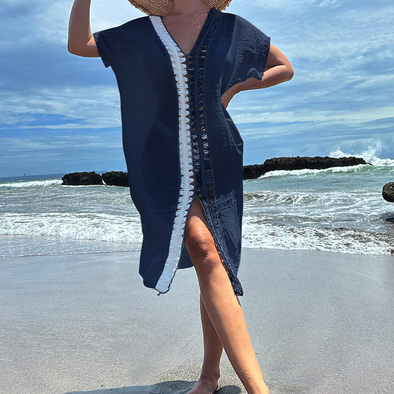 Holiday Hand Crocheting Stitching Contrast Color Beach Cover up See through Sun Protection Mid Slit Sexy Beach Cover up Crochet hook Bella Mia