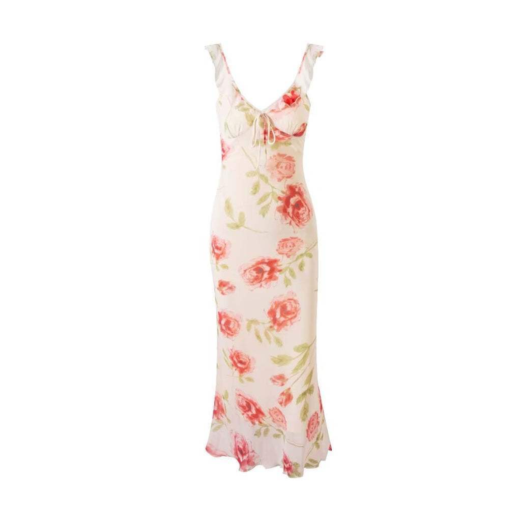 Spring Summer French Sexy Romantic Lotus Leaf Printed V neck Oblique Cut Fishtail Dress Bella Mia