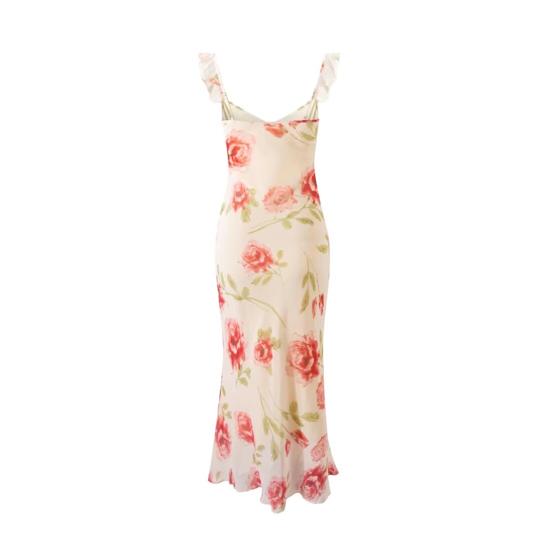 Spring Summer French Sexy Romantic Lotus Leaf Printed V neck Oblique Cut Fishtail Dress Bella Mia