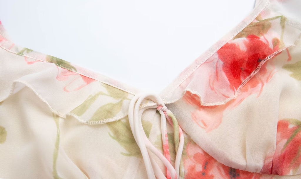 Spring Summer French Sexy Romantic Lotus Leaf Printed V neck Oblique Cut Fishtail Dress Bella Mia