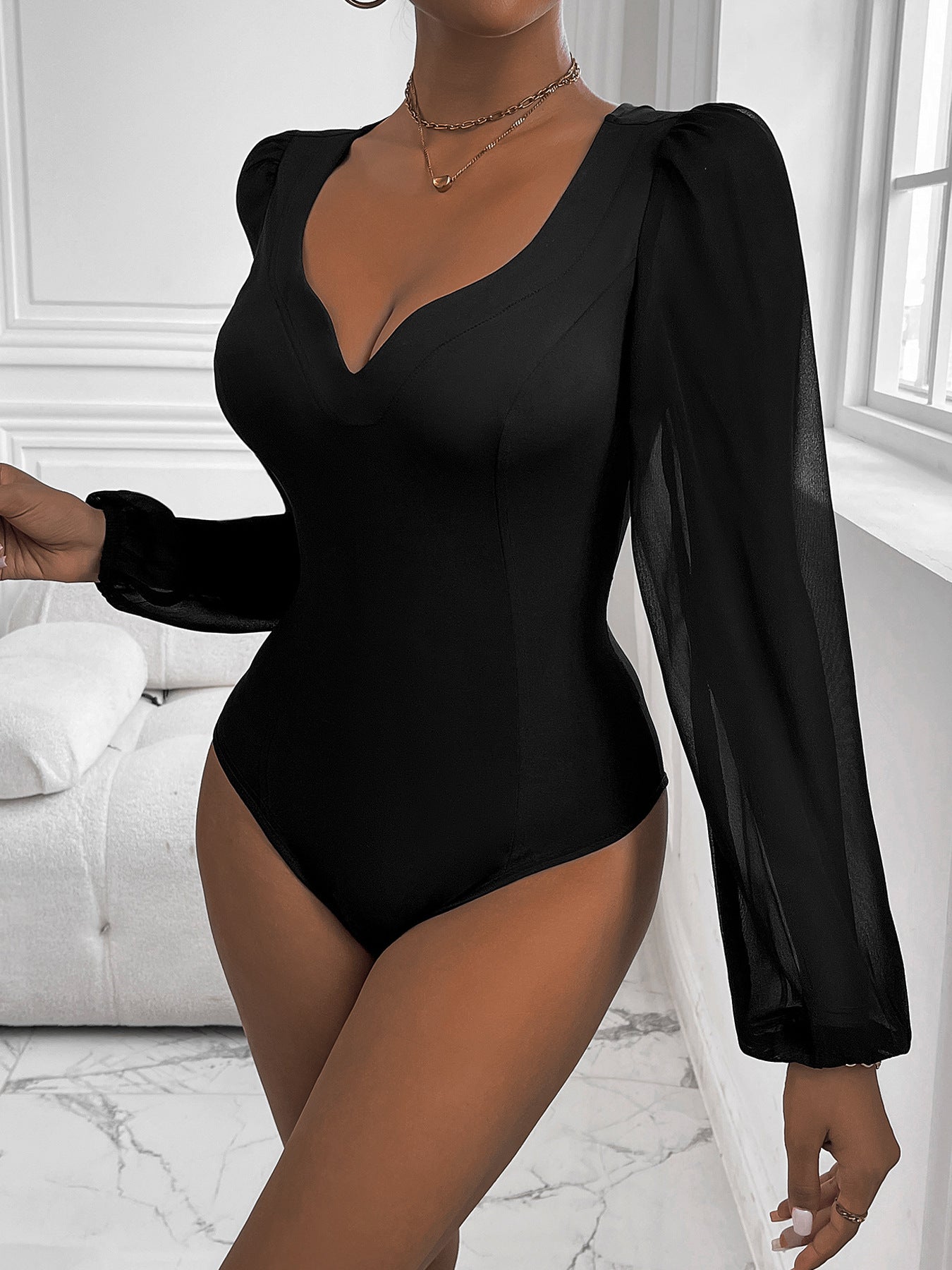 Women Clothing Black Mesh Stitching V neck Jumpsuit Bella Mia