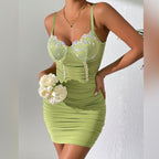 Women Clothing Hand-Embroidered Floral Pleated Steel Ring Dopamine Fresh Sling Dress Bella Mia