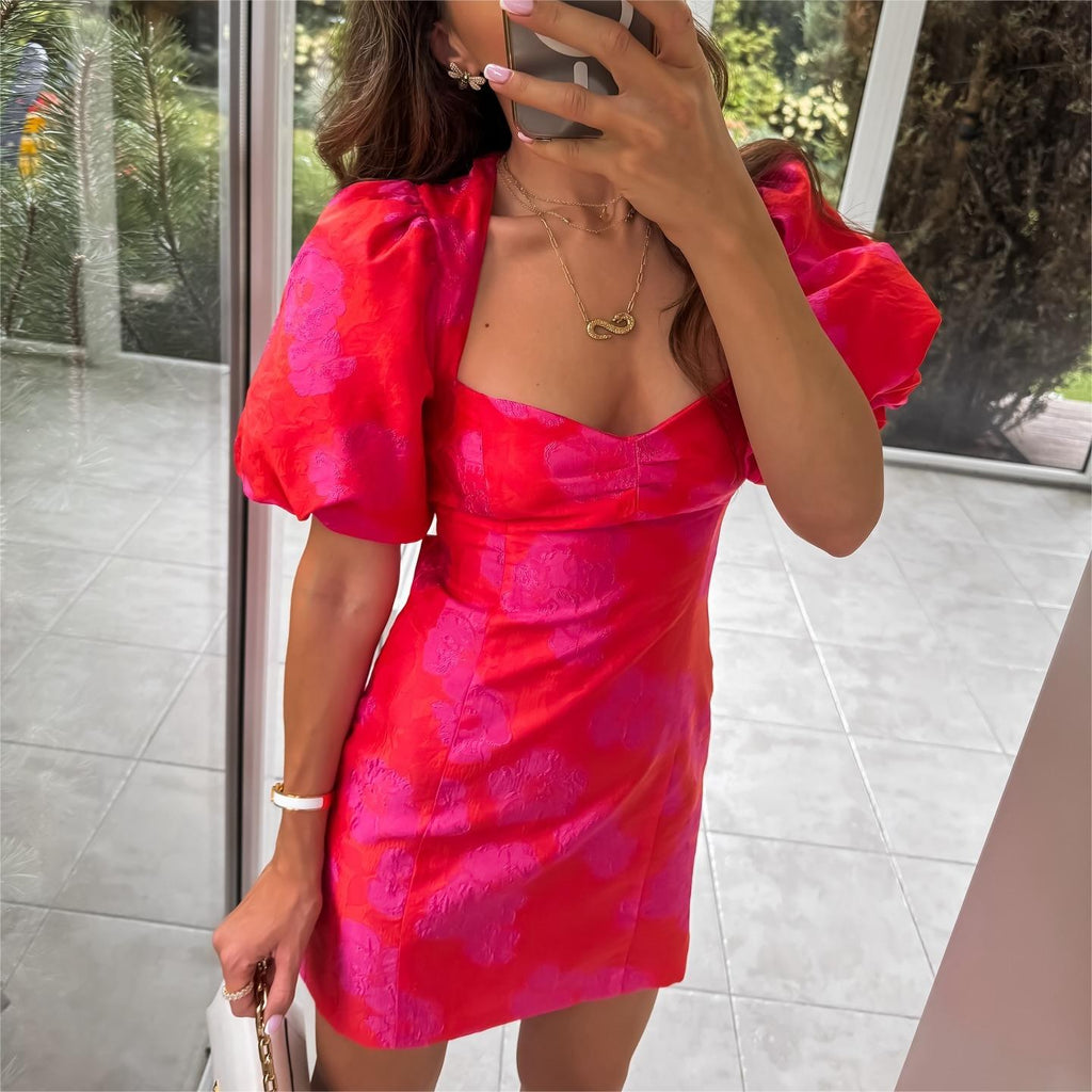 Sexy Square Neck Puff Sleeves Jacquard Dress Cross Backless Slim Fit Hip Wrapped Sexy Dress Bella Mia