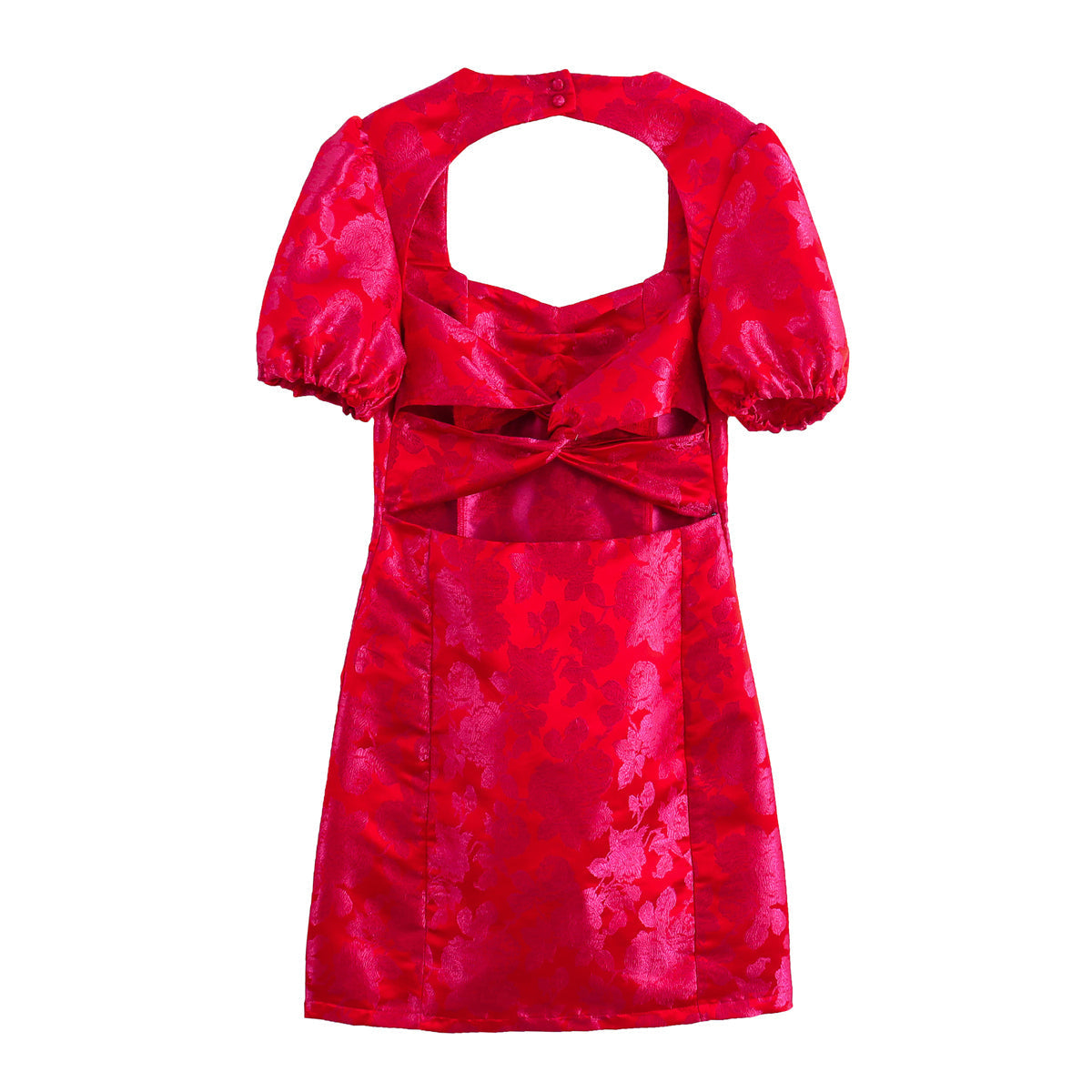 Sexy Square Neck Puff Sleeves Jacquard Dress Cross Backless Slim Fit Hip Wrapped Sexy Dress Bella Mia