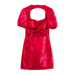 Sexy Square Neck Puff Sleeves Jacquard Dress Cross Backless Slim Fit Hip Wrapped Sexy Dress Bella Mia