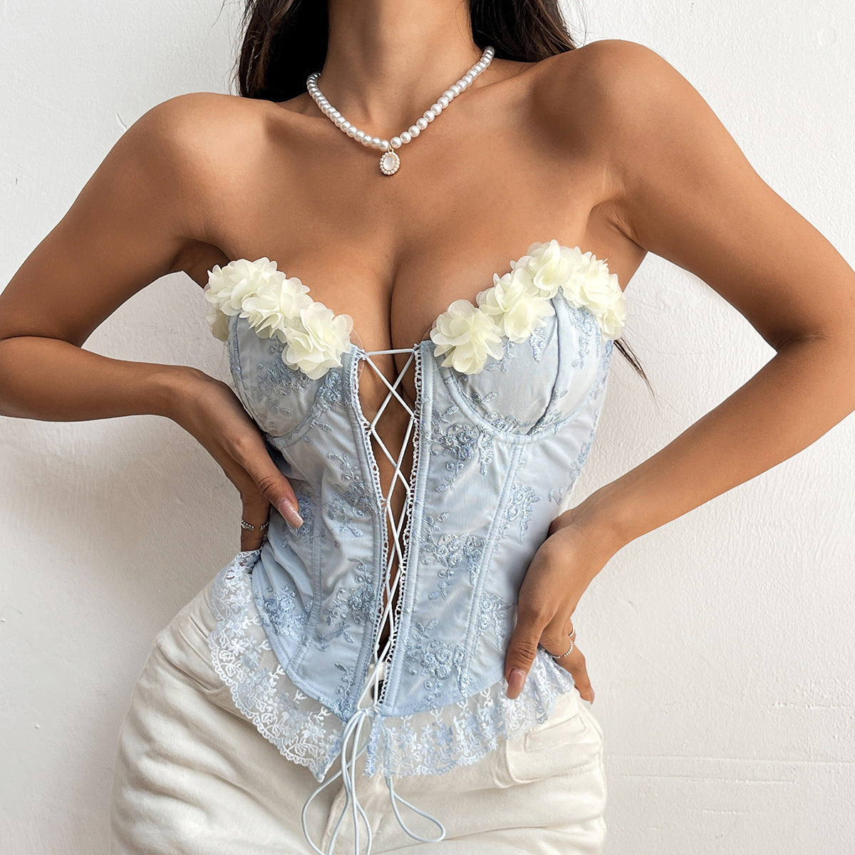 Embroidery Stitching Handmade Floral Sexy Lace Flounce Trim Lace Up Corset Boning Corset Vest Bella Mia