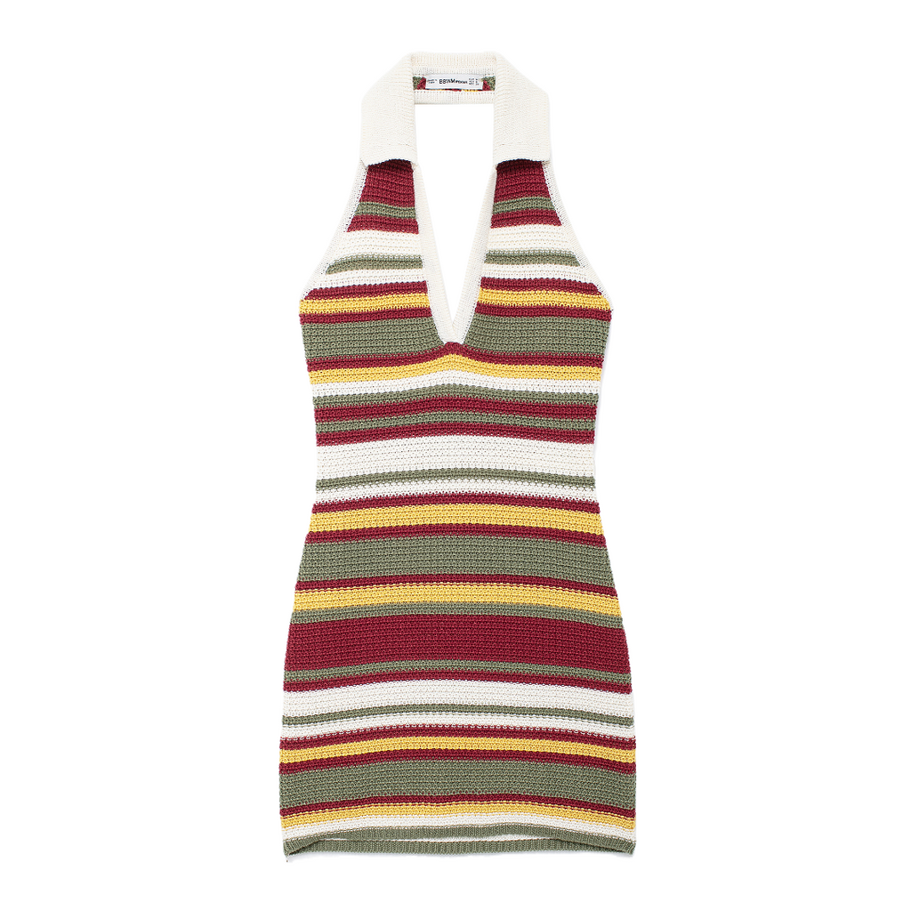 Women Clothing Autumn V Neck Colorful Striped Contrast Color Slim Fit Hip Crochet Dress