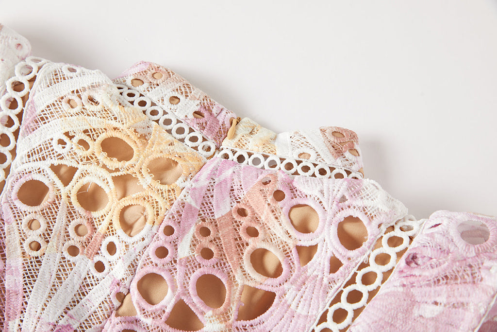 Heavy Industry Water Soluble Lace Stitching Lace Small Vertical Collar Flying Sleeve High Waist Dress