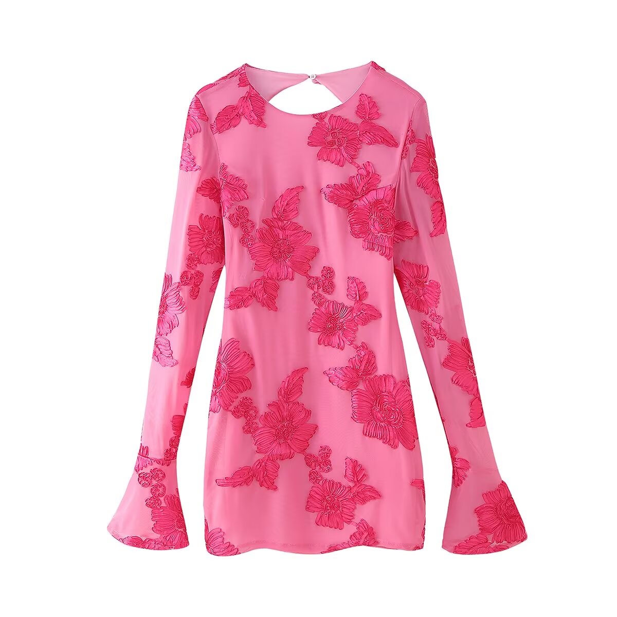 Fall Women Clothing round Neck Back Hollow Out Cutout out Three Dimensional Plate Floral Long Sleeve Backless Dress Bella Mia