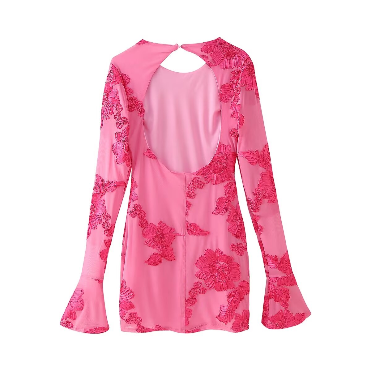 Fall Women Clothing round Neck Back Hollow Out Cutout out Three Dimensional Plate Floral Long Sleeve Backless Dress Bella Mia