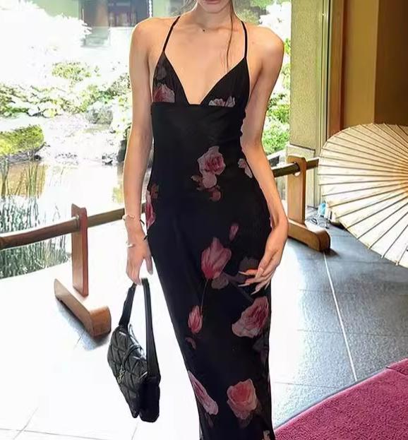 Summer Women Clothing Sexy V Neck Backless Personalized Stylish Print Halter Lace Up Dress Bella Mia