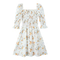 Summer French Printed Pleated Puff Sleeve Dress