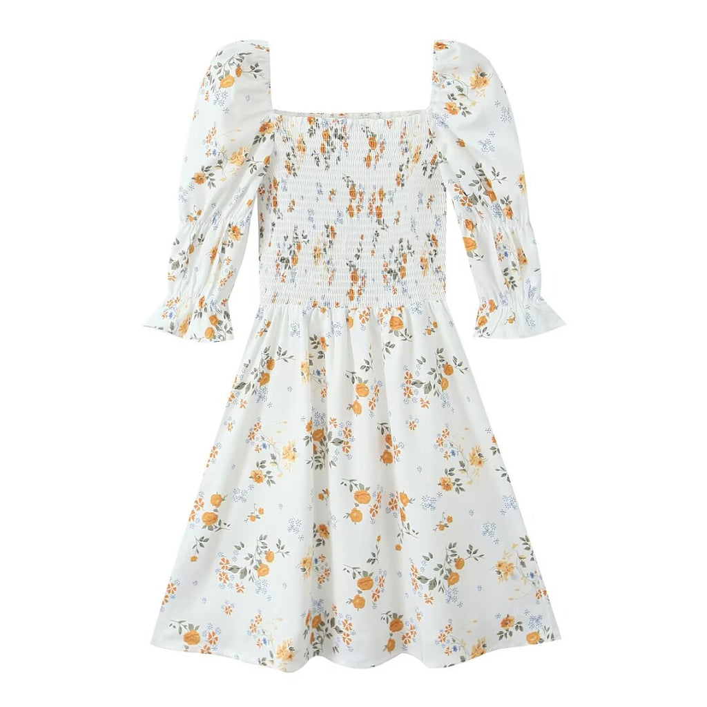 Summer French Printed Pleated Puff Sleeve Dress