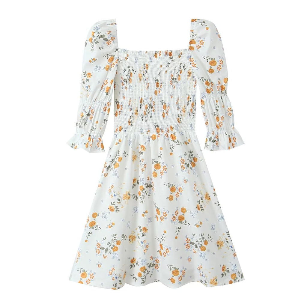 Summer French Printed Pleated Puff Sleeve Dress