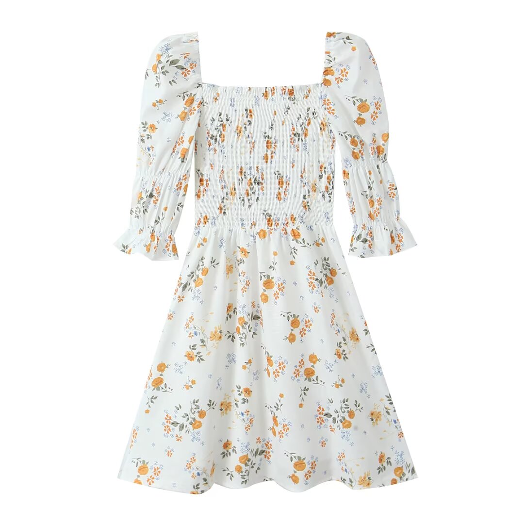 Summer French Printed Pleated Puff Sleeve Dress