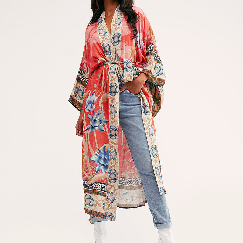 Kimono Orange Background Crane Floral Red Floral Sun Protection Cardigan Beach Cover Up Swimsuit Outwear Vacation Skirt Women Bella Mia