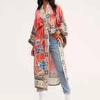 Kimono Orange Background Crane Floral Red Floral Sun Protection Cardigan Beach Cover Up Swimsuit Outwear Vacation Skirt Women Bella Mia