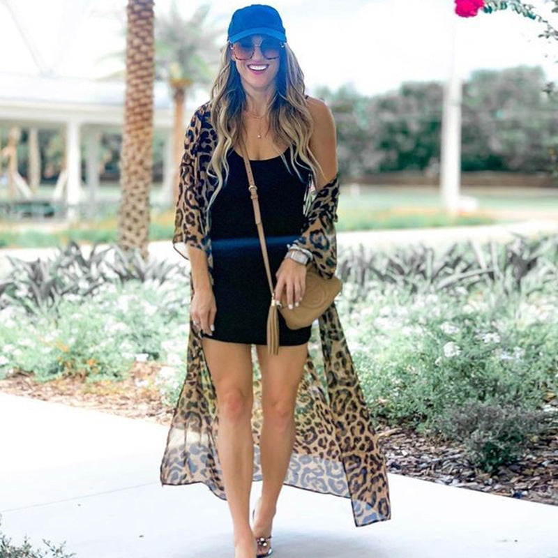 Leopard Point Chiffon Loose Long Cardigan Beach Sun Protection Coat Beach Cover Up Swimsuit Outwear Women Bella Mia