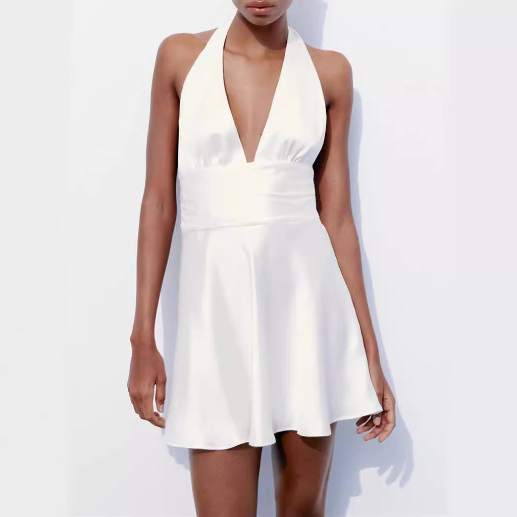 White Dress Summer Backless Women Wear Silk Satin Halter Dress Bella Mia