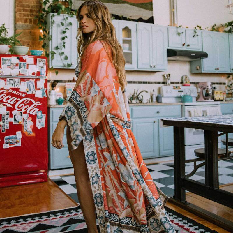 Kimono Orange Background Crane Floral Red Floral Sun Protection Cardigan Beach Cover Up Swimsuit Outwear Vacation Skirt Women Bella Mia