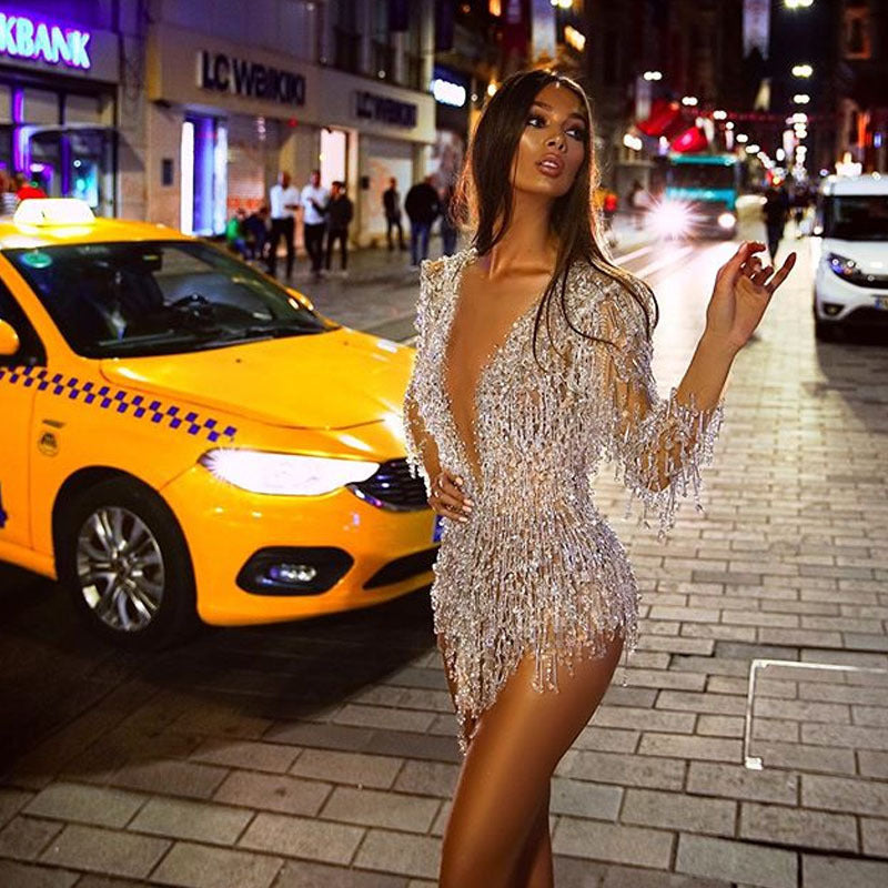 Women Clothing Sexy Sequined Tassel Deep V Plunge Plunge Mini Dress Bella Mia