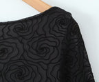 Sexy Pure Black Floral Line round Neck Long Sleeve A line Dress Women Slim Fit Cinched Short Dress Slimming Bella Mia