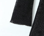 Sexy Pure Black Floral Line round Neck Long Sleeve A line Dress Women Slim Fit Cinched Short Dress Slimming Bella Mia