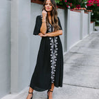 Rayon Black Background White Line Beach Cover Up Maxi Dress Seaside Holiday Dress Swimsuit With Sun Protection Clothing Women Bella Mia