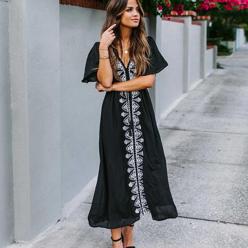 Rayon Black Background White Line Beach Cover Up Maxi Dress Seaside Holiday Dress Swimsuit With Sun Protection Clothing Women Bella Mia