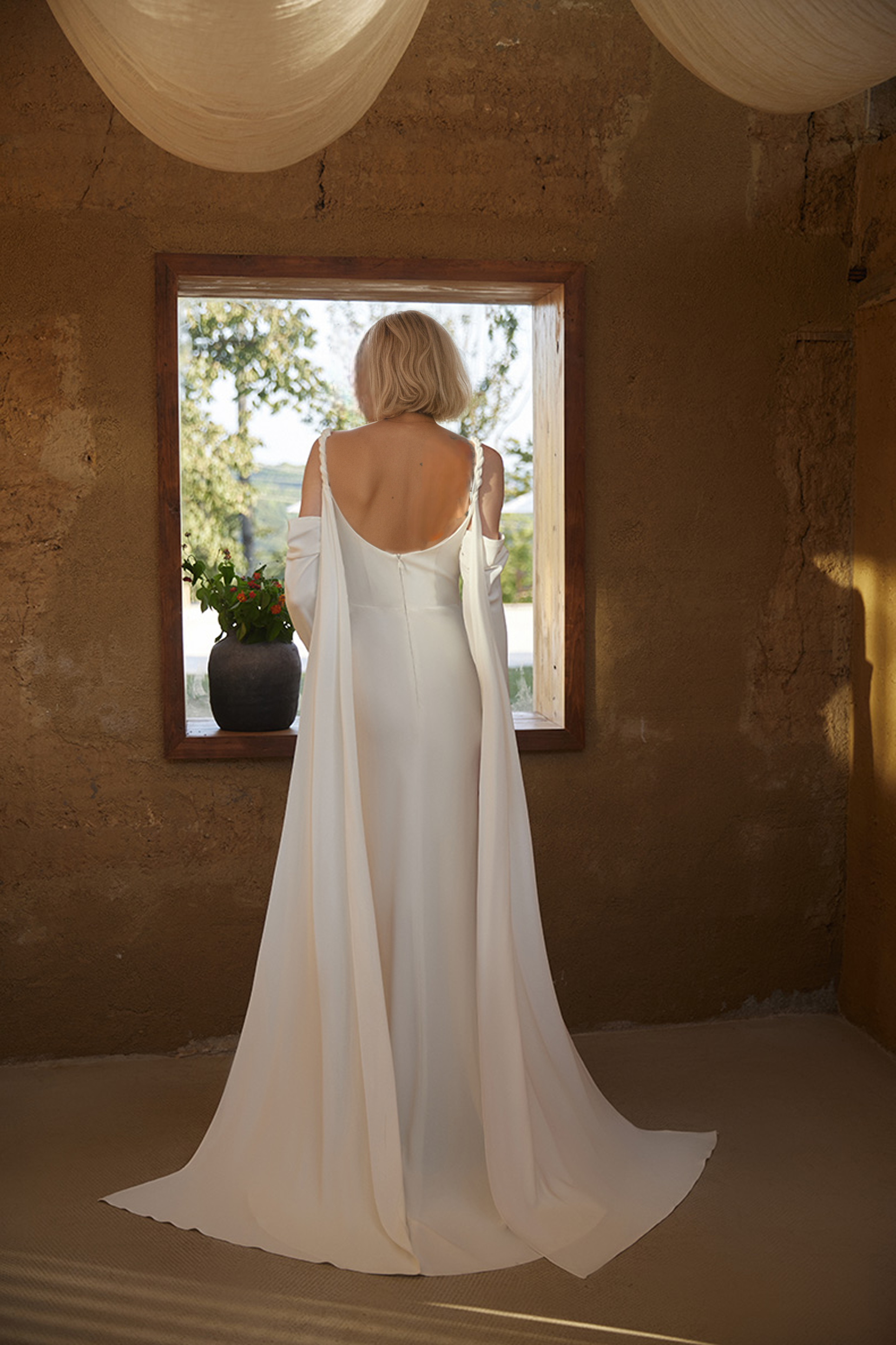 Minimalist Off-Shoulder Satin Wedding Gown with Detachable Sleeves and Elegant Train