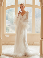 Luxury Thick Ostrich Feather Floor-Length Satin Robe with Train – Elegant Bridal Loungewear SelenaHuanStudio