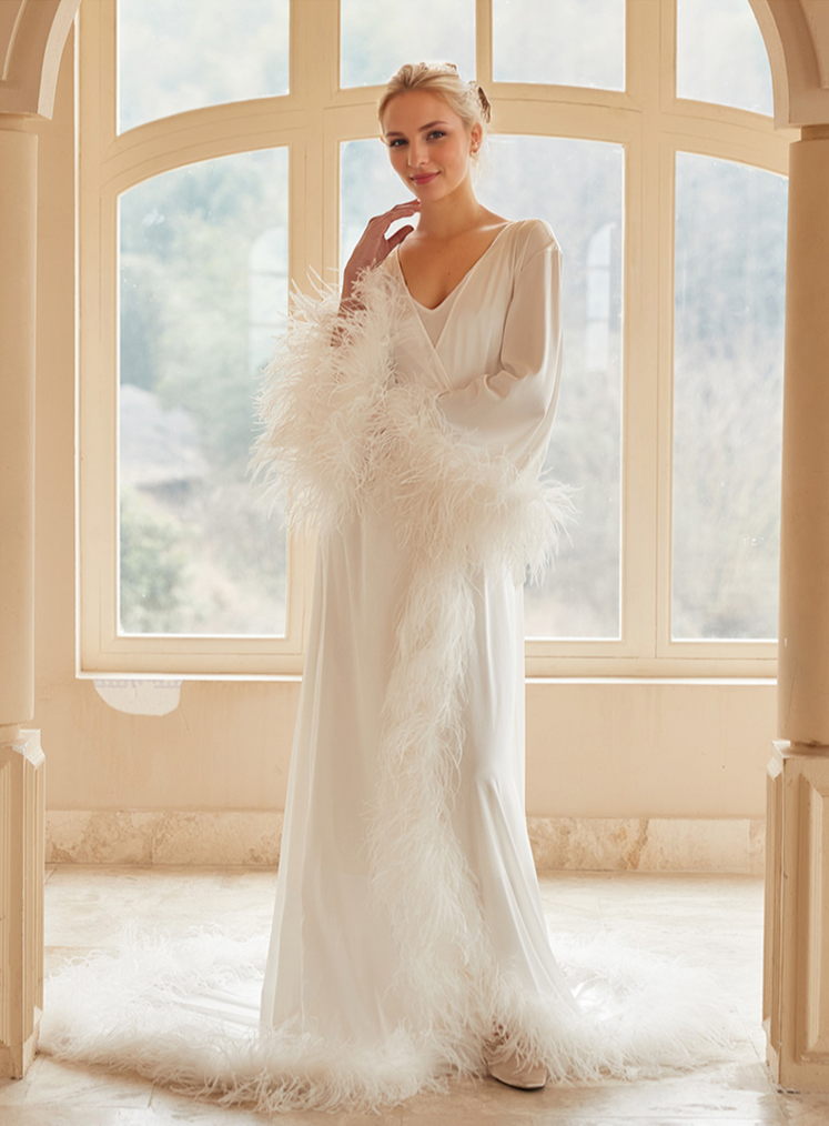 Luxury Thick Ostrich Feather Floor-Length Satin Robe with Train – Elegant Bridal Loungewear SelenaHuanStudio