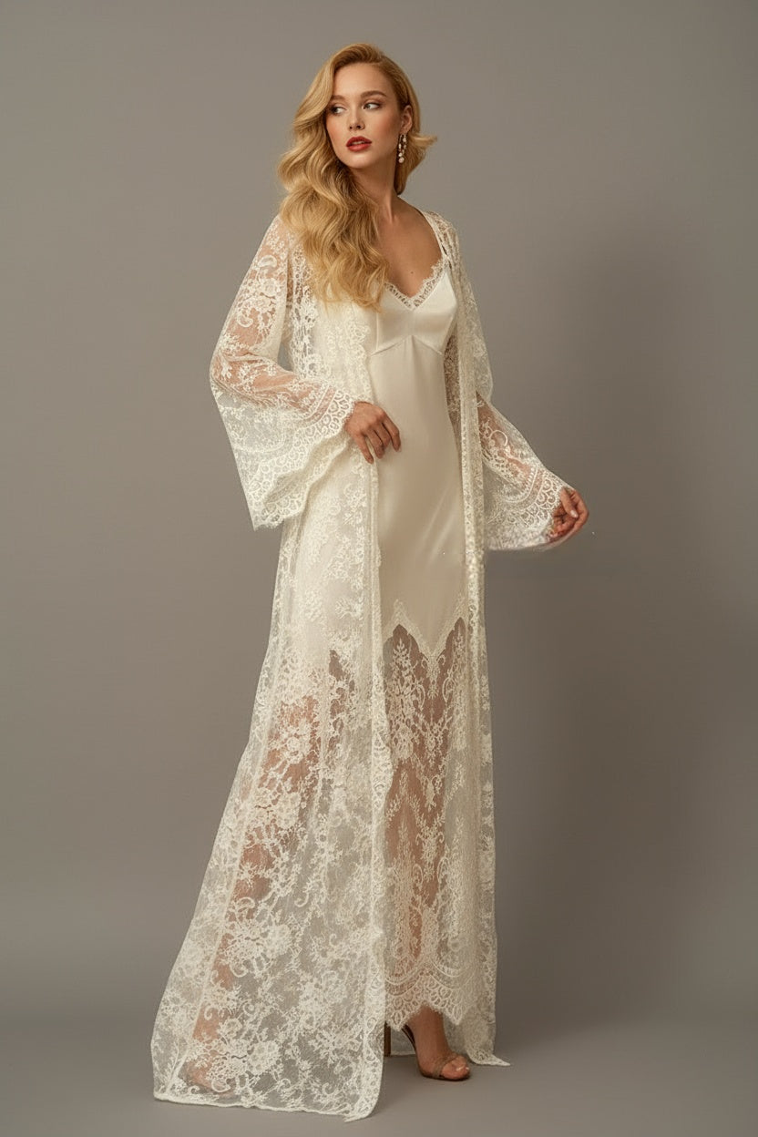 Chantilly Lace Long Robe with Silky Satin Lace Nightgown - next day shipping SelenaHuanStudio