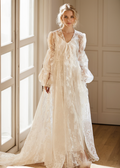 Ethereal Lace Long-Sleeve Sheer Bridal Robe Dress with Train SelenaHuanStudio