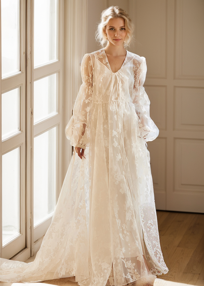 Ethereal Lace Long-Sleeve Sheer Bridal Robe Dress with Train SelenaHuanStudio