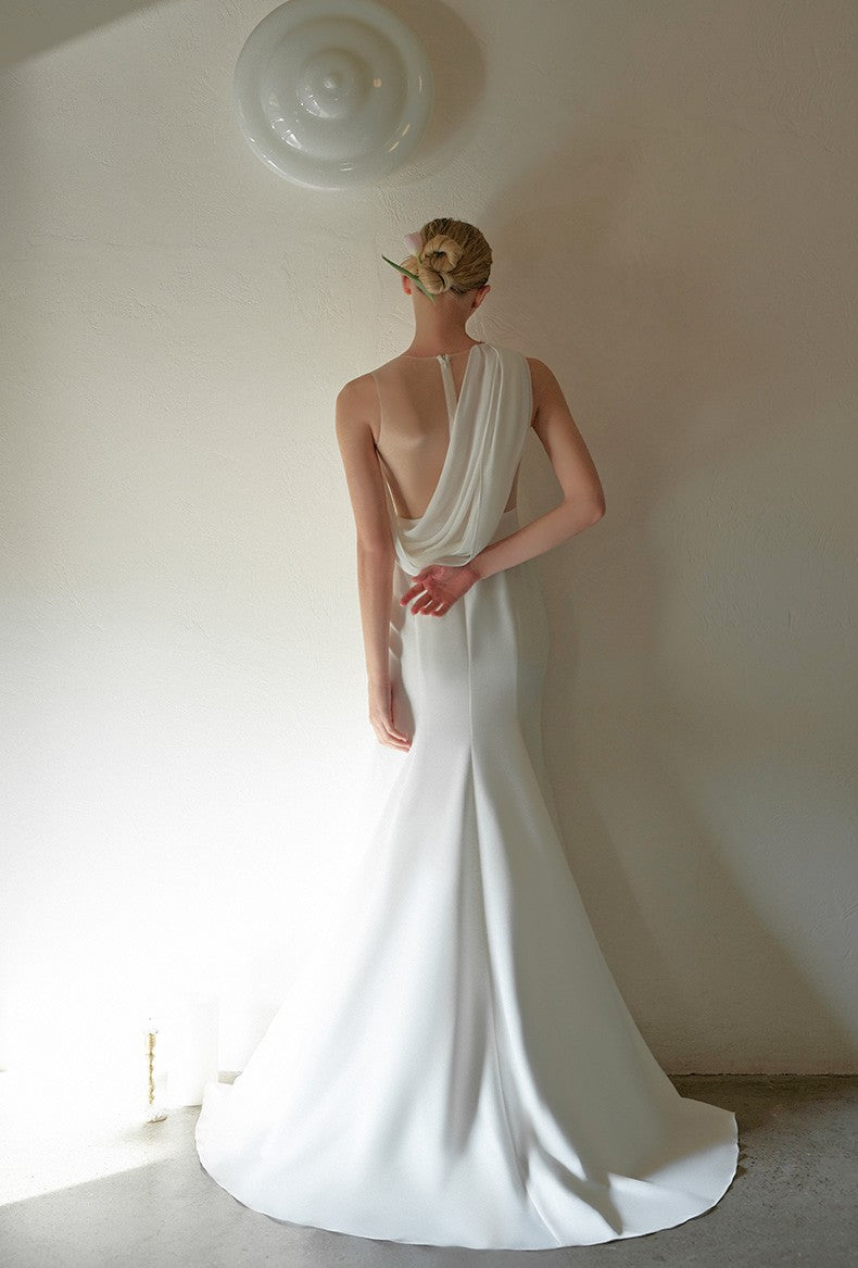 Minimalist One-Shoulder Silky Satin Wedding Dress with Draped Back SelenaHuanStudio