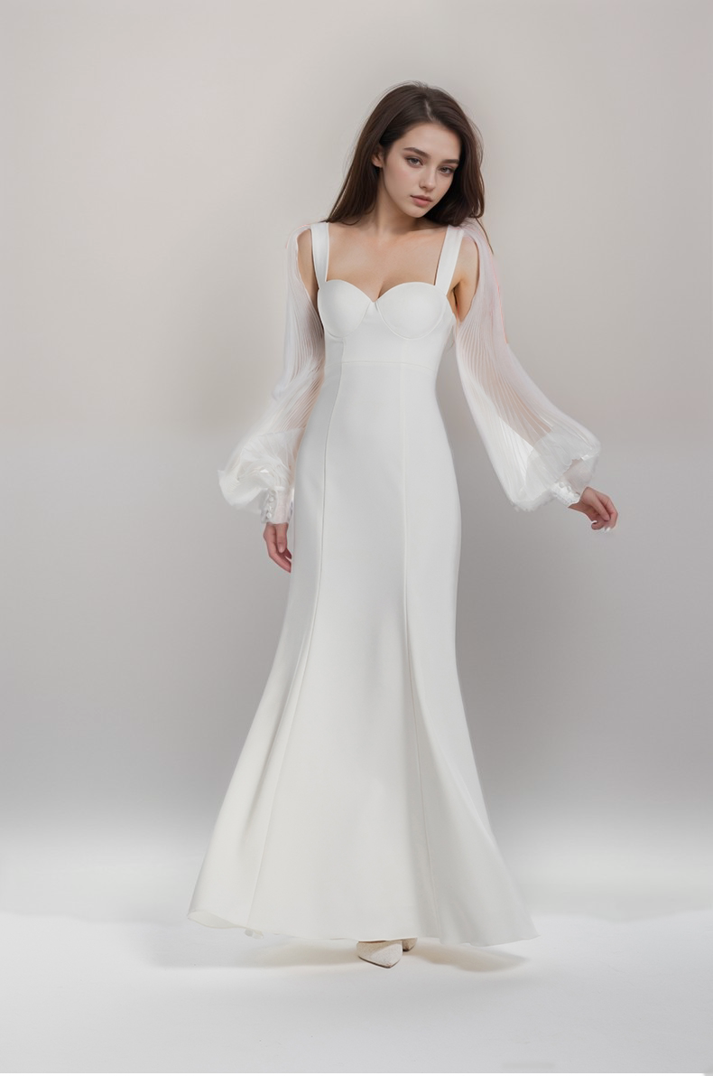 Ethereal Sculpted Bust Mermaid Gown with Sheer Balloon Sleeves SelenaHuanStudio
