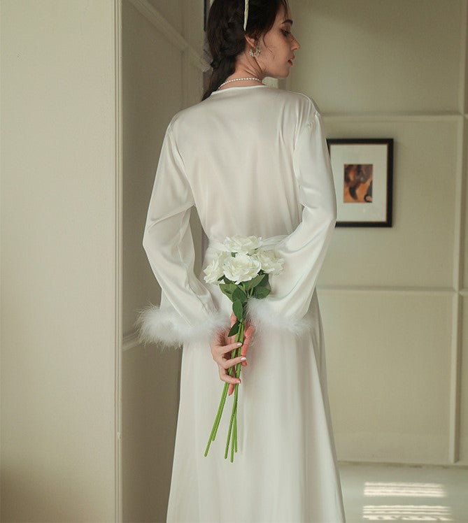 Elegant Satin Feather-Trimmed Robe & Nightdress Set - Luxury Bridal & Lounge Wear