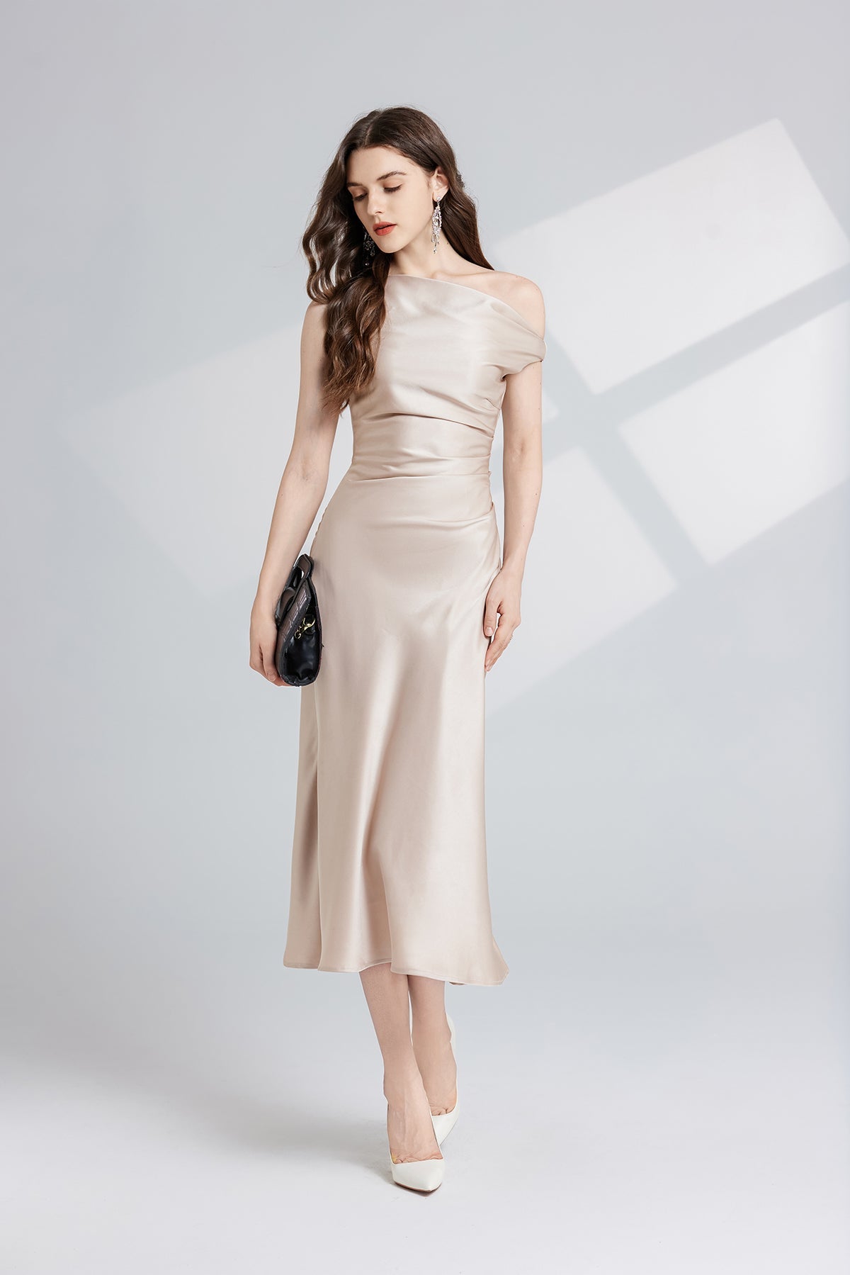 Women Summer Solid Color Asymmetrical Oblique Shoulder Dress