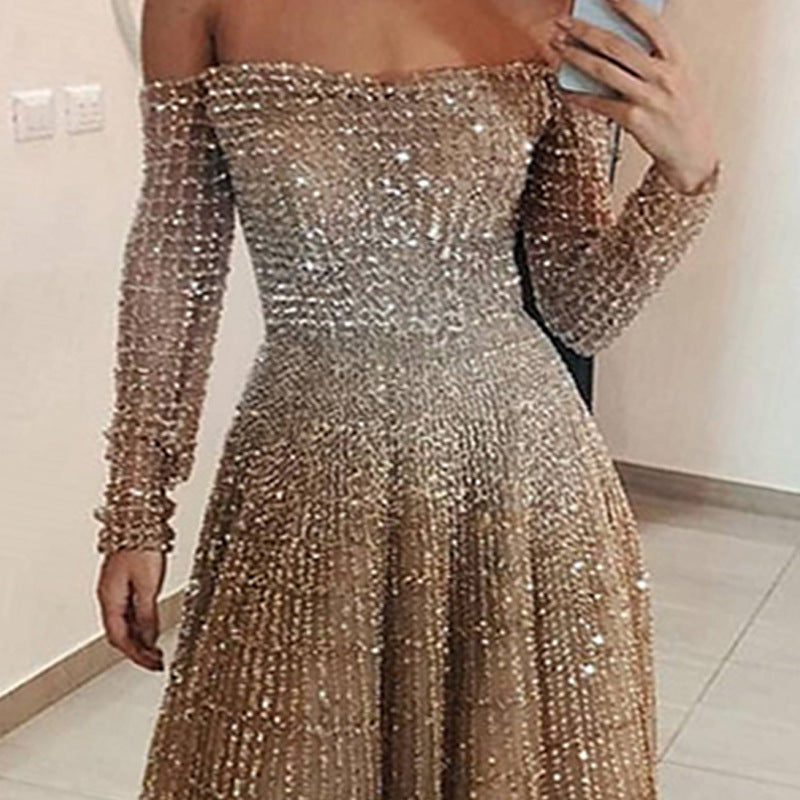 Long Autumn Winter Shiny off Shoulder Long Sleeve Tube Top Dress Bella Mia