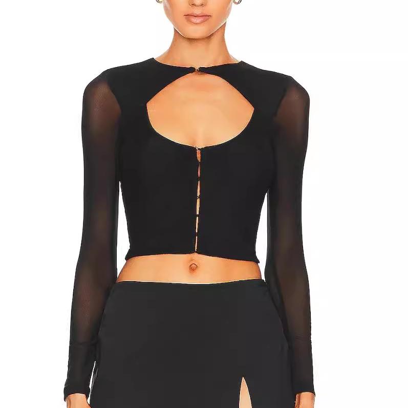 Black Long Sleeve Mesh Design Blouse Women Autumn Slim Fit Cardigan Buckle T shirt Bella Mia