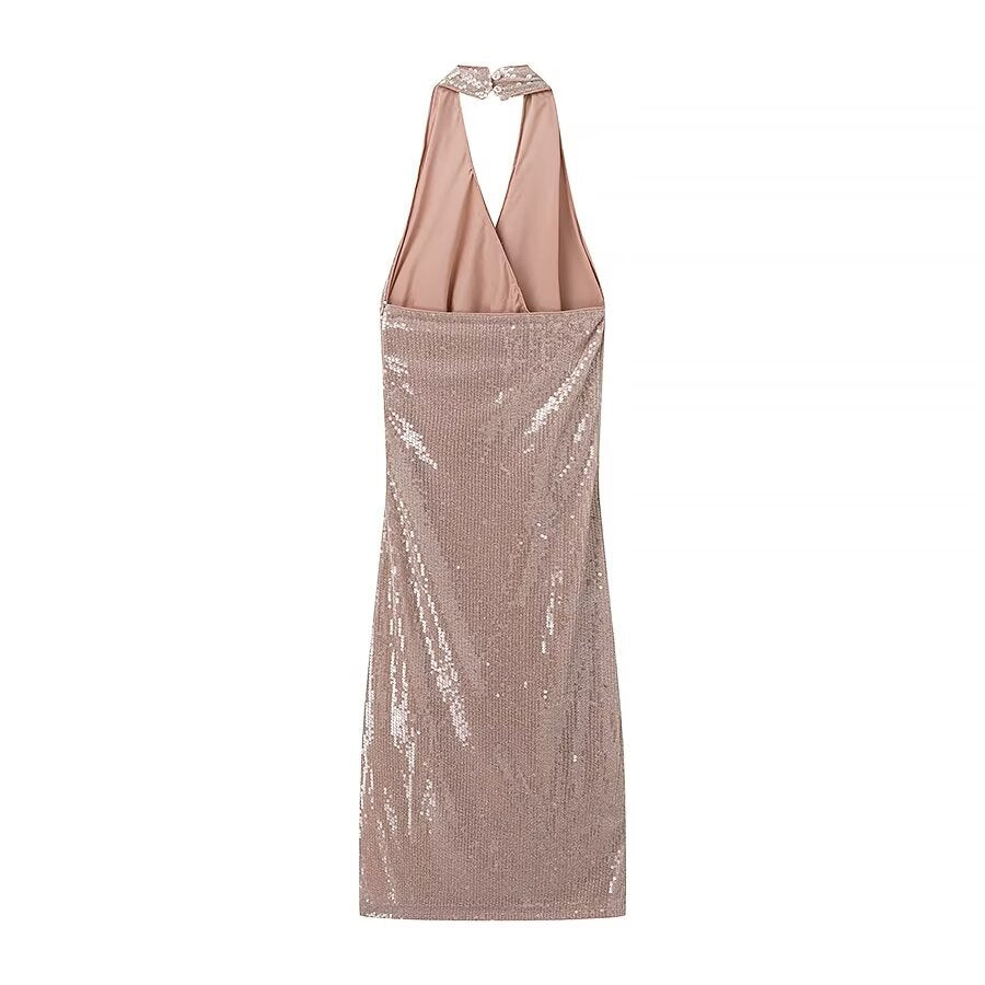 Women French Sequin Pleated Halter Dress Bella Mia