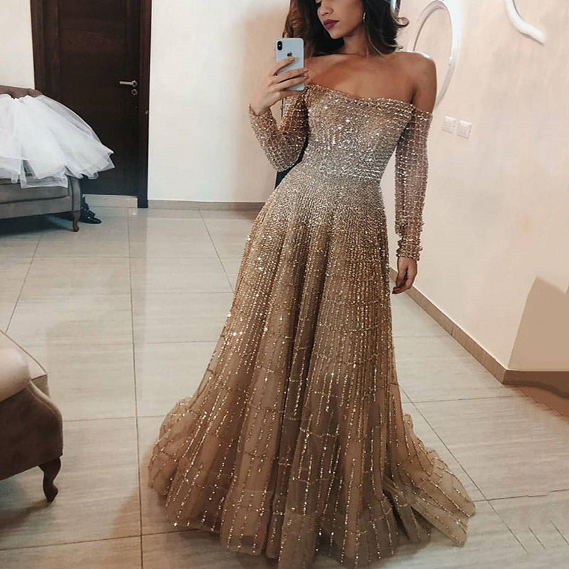 Long Autumn Winter Shiny off Shoulder Long Sleeve Tube Top Dress Bella Mia