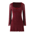 Retro Flocking Jacquard Long Sleeve Dress Women Autumn Winter French Sexy Skinny Sheath Mesh dress Bella Mia