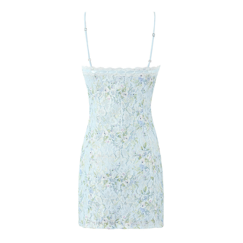 Sweet Printed Chic Lace Splicing Sling Mini French Sexy Slim Fit Short Hip Dresses Bella Mia
