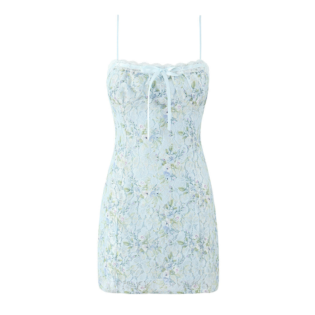 Sweet Printed Chic Lace Splicing Sling Mini French Sexy Slim Fit Short Hip Dresses Bella Mia